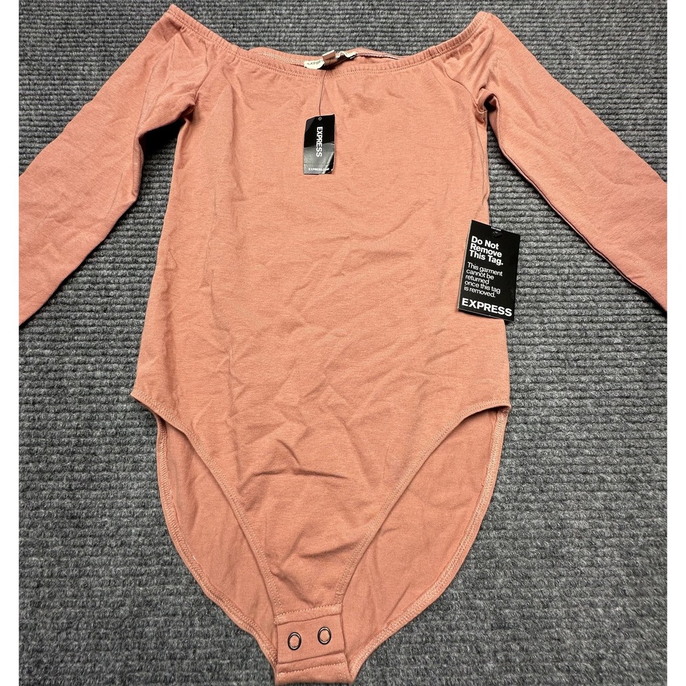 Express Bodysuit Womens XS Pink Off Shoulder Long Sleeve Snap Cotton‎ Stretchy